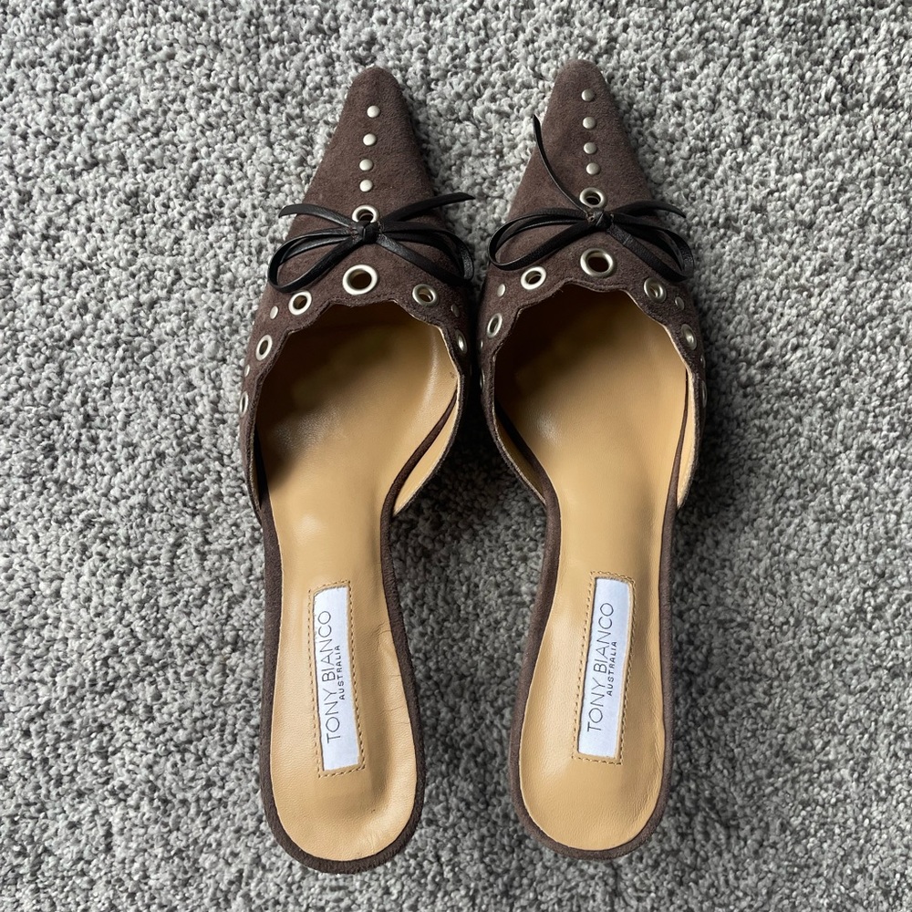 NWOB Tony Bianco Brown Suede Pointed-Toe Mule with Eyelet Detail